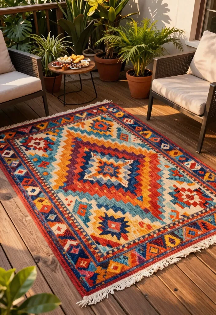 14 Back Deck Decorating Ideas That Feel Cozy & Inviting - 8. Outdoor Rugs 1