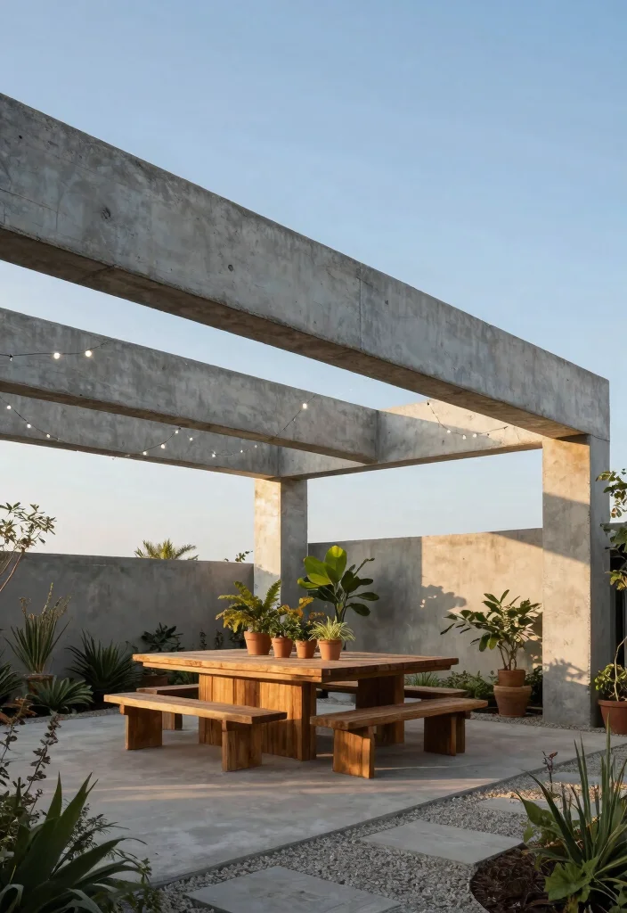 14 Concrete Pergola Ideas With Modern Edge - 1. Suspended Concrete Beams 1