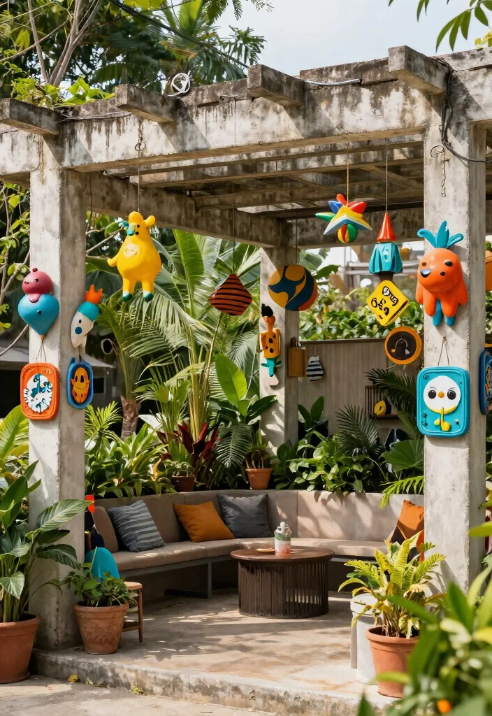 14 Concrete Pergola Ideas With Modern Edge - 14. Artistic Decorations 1