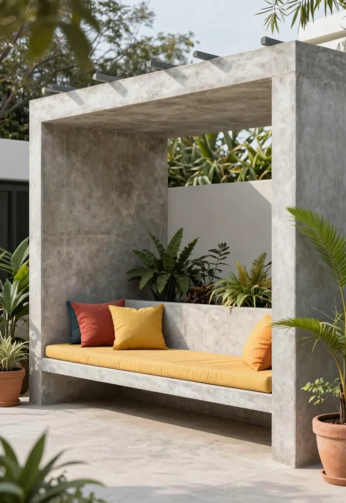 14 Concrete Pergola Ideas With Modern Edge - 3. Integrated Seating 1