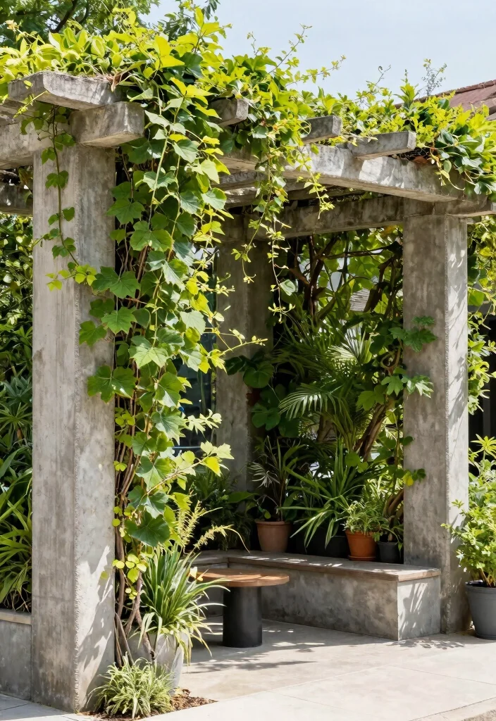 14 Concrete Pergola Ideas With Modern Edge - 7. Vertical Garden Integration 1