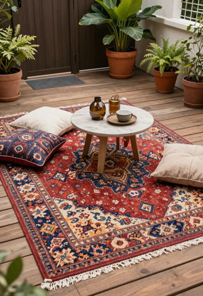 14 Cozy Patio Ideas That Feel Like a Retreat 14 14 Cozy Patio Ideas That Feel Like a Retreat - 4. Outdoor Rugs for Comfort 1