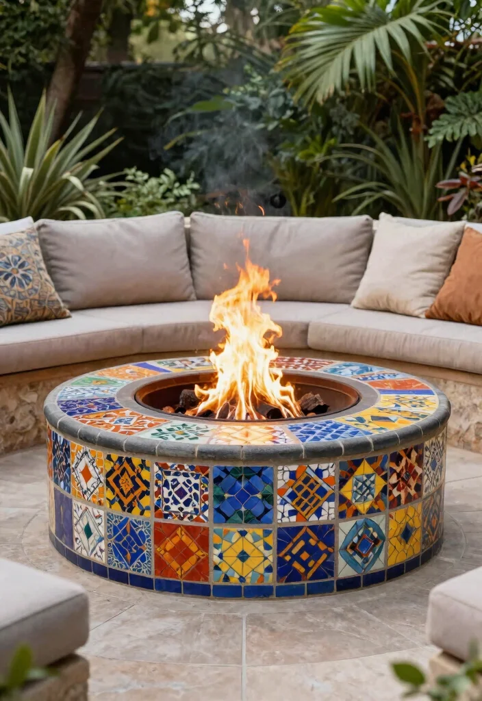 14 Fire Pit Garden Ideas That Feel Warm & Welcoming - 10. Artistic Mosaic Fire Pit 1
