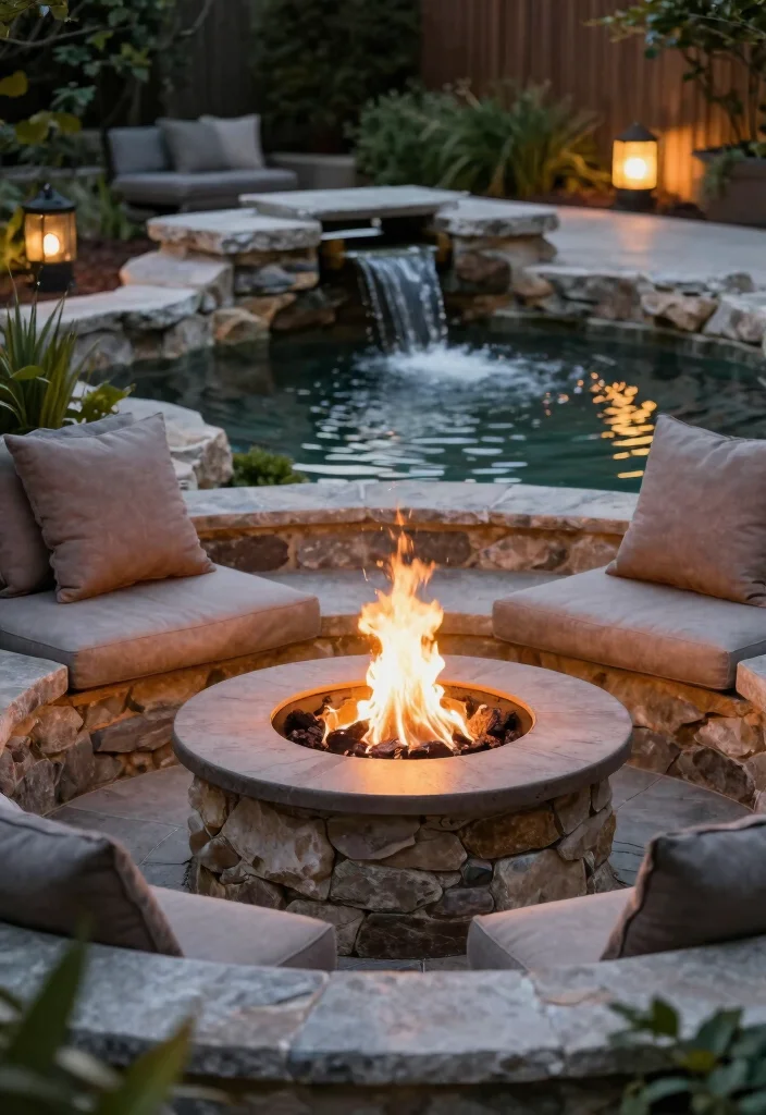14 Fire Pit Garden Ideas That Feel Warm & Welcoming - 12. Fire Pit with Water Feature 1