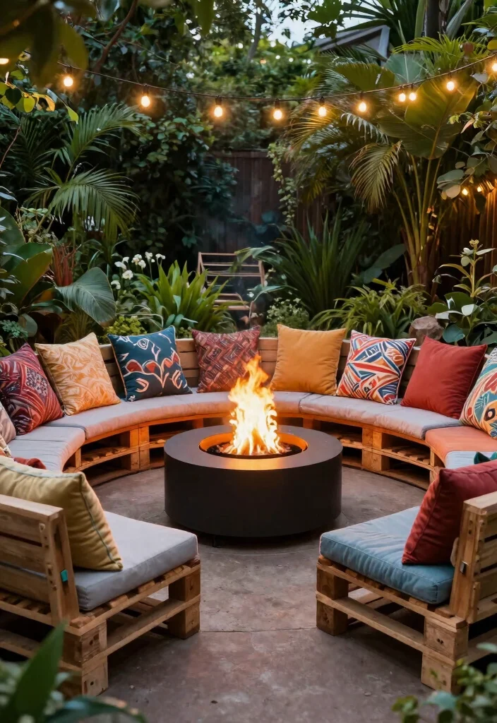 14 Fire Pit Garden Ideas That Feel Warm & Welcoming - 3. Vintage Wooden Pallet Seating 1