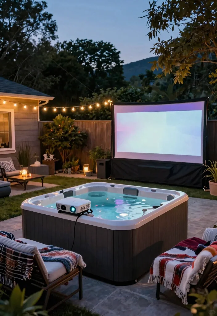 15 Backyard Spa Ideas Hot Tubs That Feel Luxurious - 15. Outdoor Movie Night Hot Tub 1