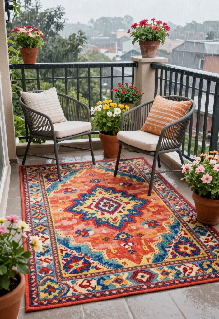 15 Balcony Covering Ideas From Rain That Still Look Chic 42 15 Balcony Covering Ideas From Rain That Still Look Chic - 12. Chic Indoor-Outdoor Rugs for Added Comfort 1