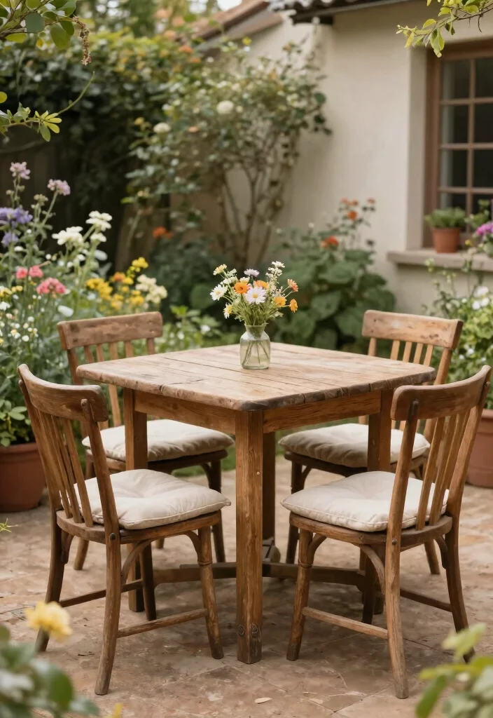 15 Farmhouse Landscaping Ideas With Rustic Charm - 3. Vintage Garden Furniture 1