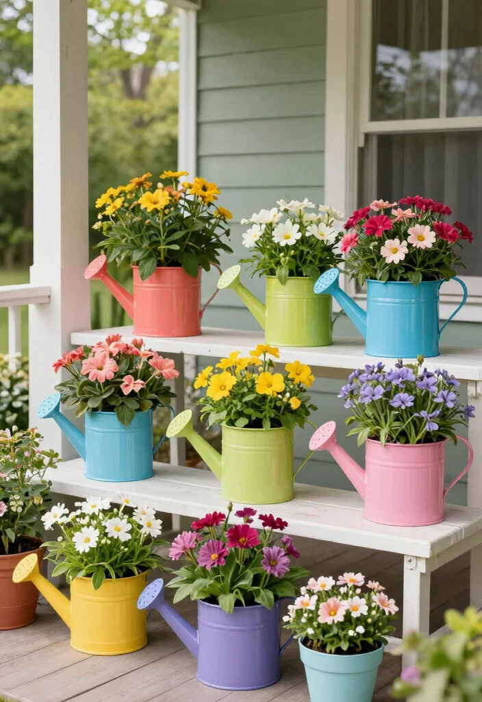 15 Front Porch Ideas Spring Lovers Will Adore - 14. Chic Watering Can Planters 1