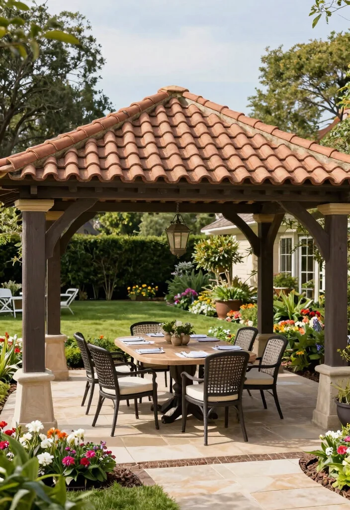 15 Pergola Cover Ideas Waterproof & Stylish - 7. Tiled Roof Pergola 1