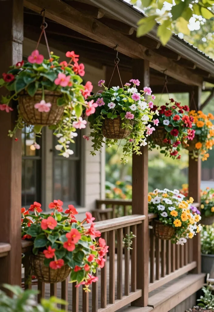 15 Shade Porch Planter Ideas for a Cool Green Touch - 10. Bright Flowering Baskets 1