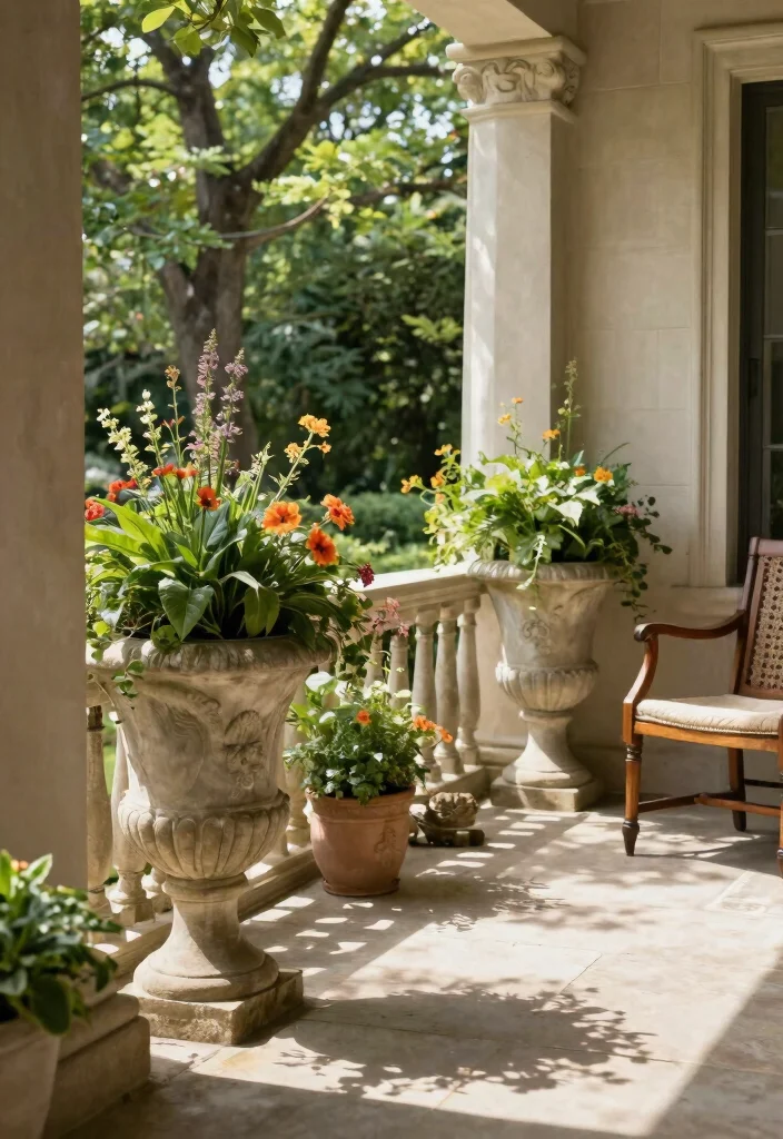 15 Shade Porch Planter Ideas for a Cool Green Touch - 13. Elegant Stone Planters 1