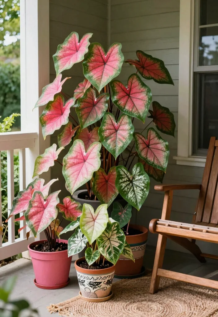 15 Shade Porch Planter Ideas for a Cool Green Touch - 3. Colorful Caladiums for a Bright Pop 1