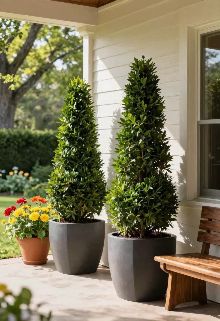 15 Shade Porch Planter Ideas for a Cool Green Touch - 5. Elegant Boxwood Topiary 1
