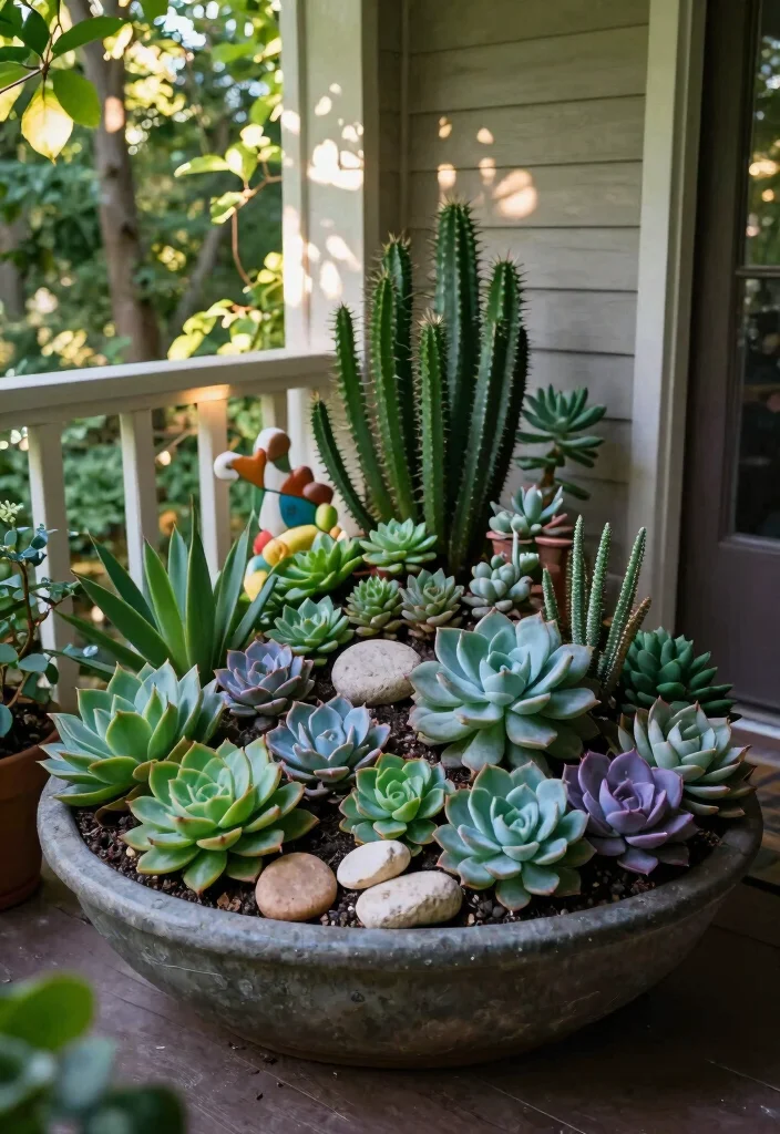 15 Shade Porch Planter Ideas for a Cool Green Touch - 6. Whimsical Succulent Displays 1