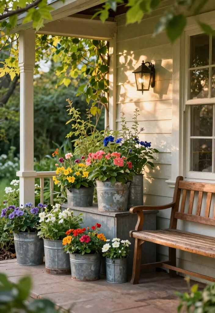 15 Shade Porch Planter Ideas for a Cool Green Touch - 7. Vintage Charm with Tin Planters 1