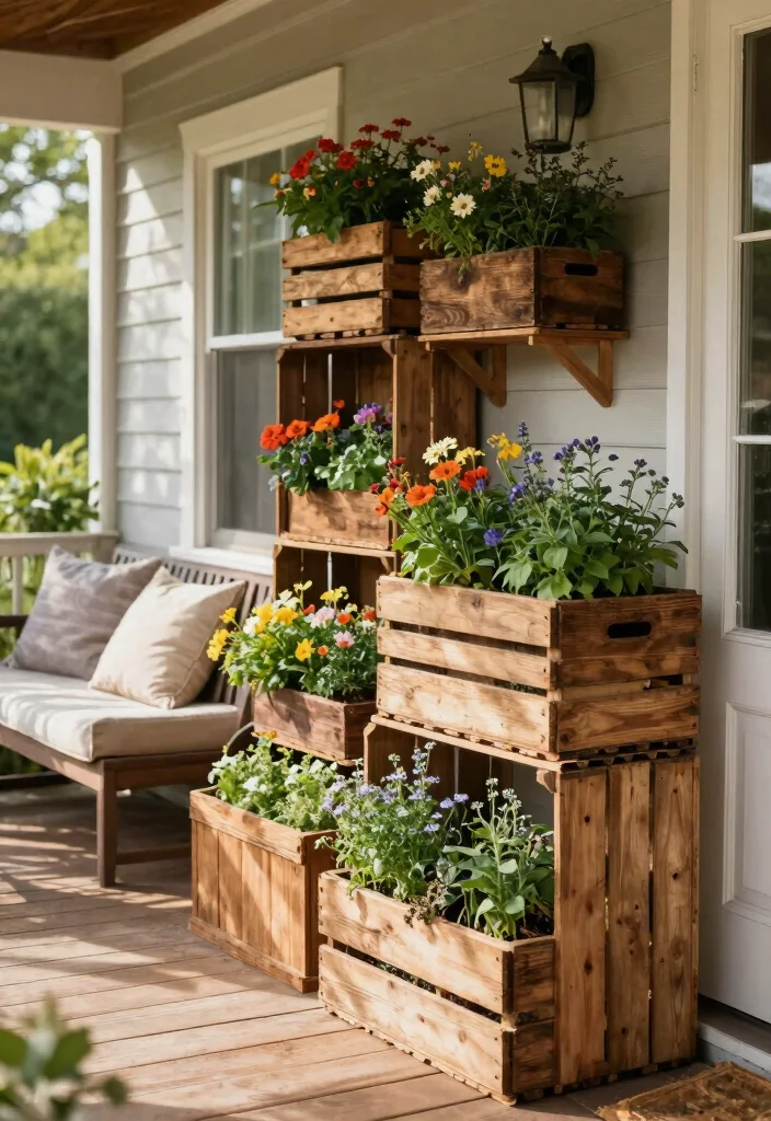 15 Shade Porch Planter Ideas for a Cool Green Touch - 9. Rustic Wooden Crates as Planters 1