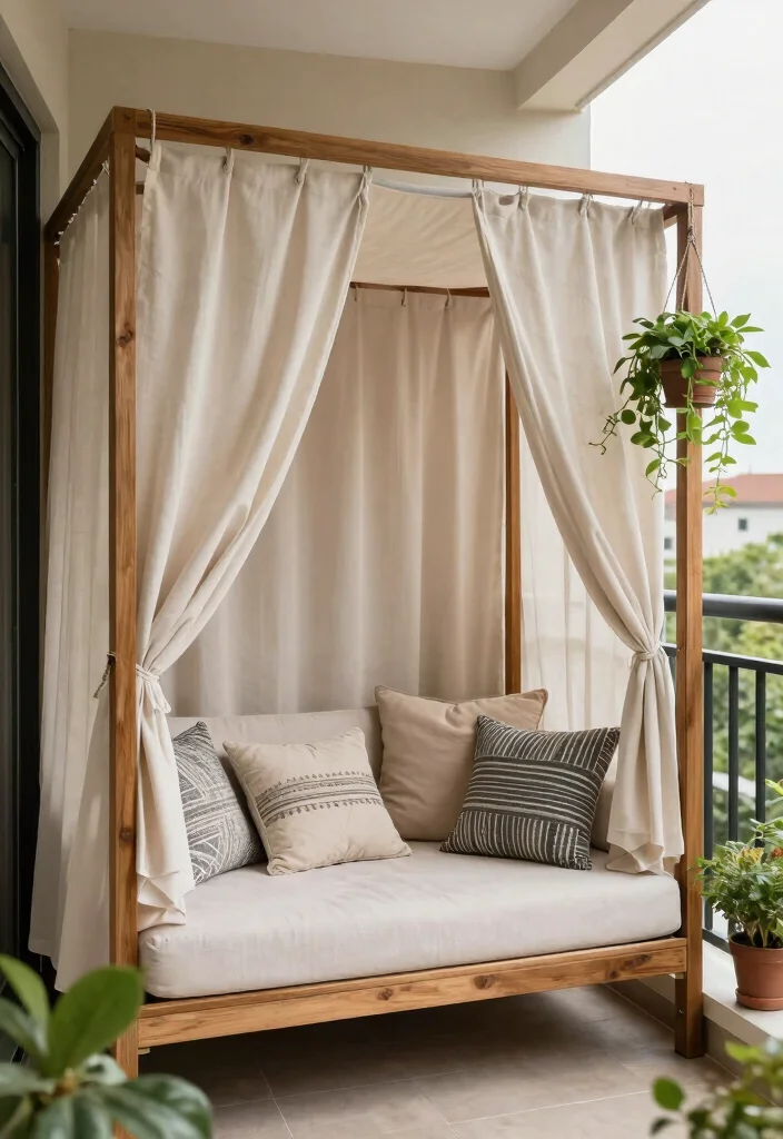 15 Wood Balcony Ideas That Feel Warm & Modern - 12. Chic Canopy with Wooden Frames 1