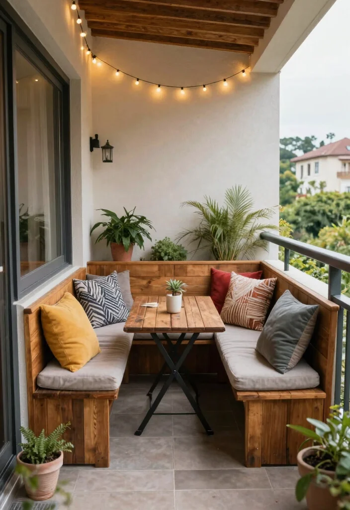 15 Wood Balcony Ideas That Feel Warm & Modern - 3. Cozy Nook with Built-In Benches 1