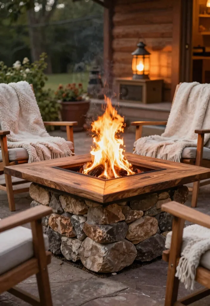 16 Fire Pit Table Ideas for Cozy Outdoor Nights - 3. Stone and Timber Blend 1