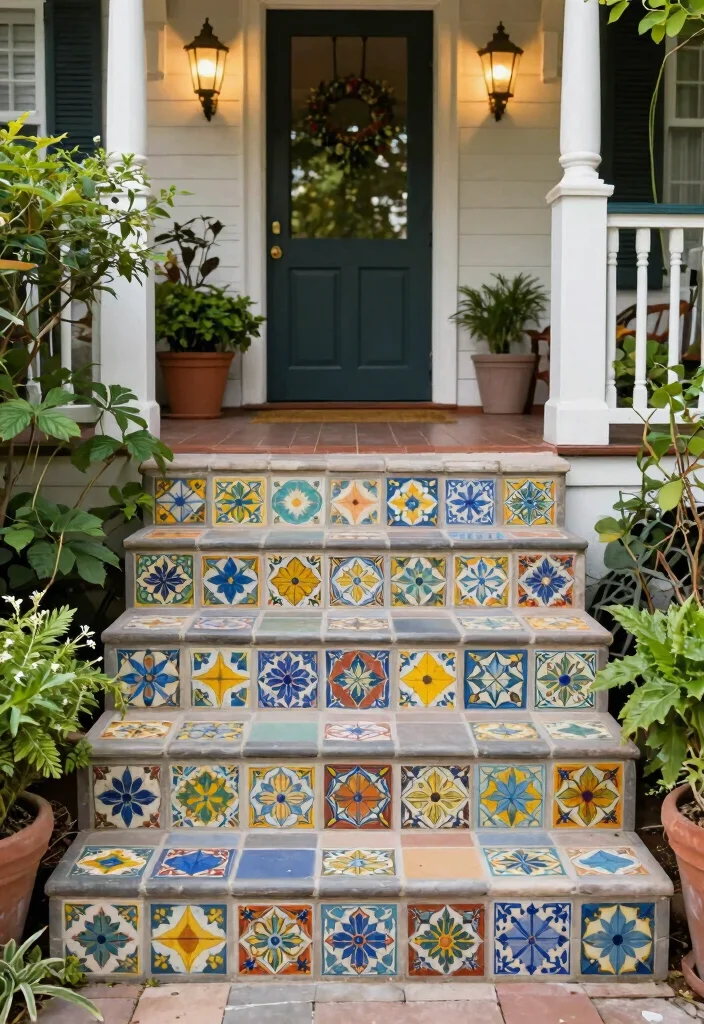 16 Front Porch Steps Ideas That Boost Curb Appeal 52 16 Front Porch Steps Ideas That Boost Curb Appeal - 12. Vintage Tile Steps 1
