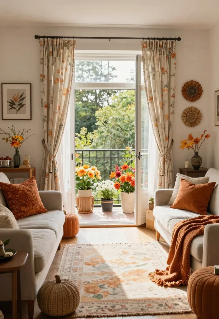 16 Living Room With Balcony Door Ideas That Brighten Your Space - 16. Seasonal Decor Changes 1