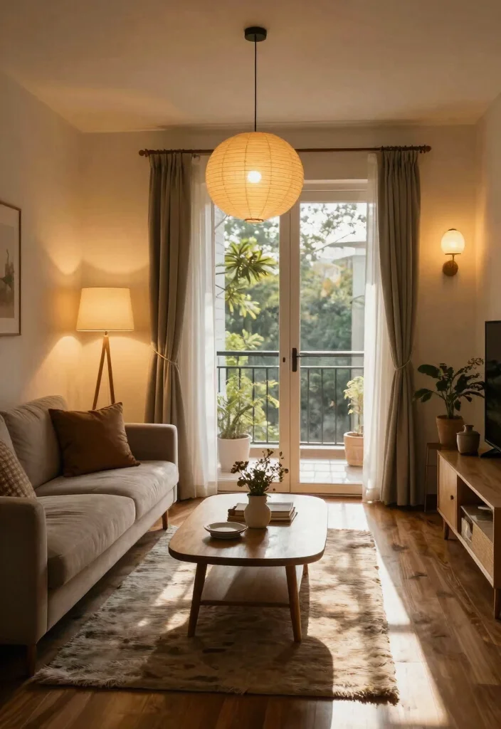16 Living Room With Balcony Door Ideas That Brighten Your Space - 6. Layered Lighting 1