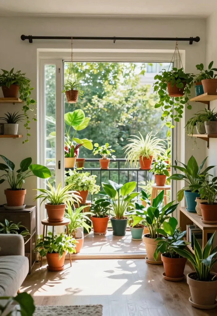 16 Living Room With Balcony Door Ideas That Brighten Your Space - 7. Plants and Greenery 1