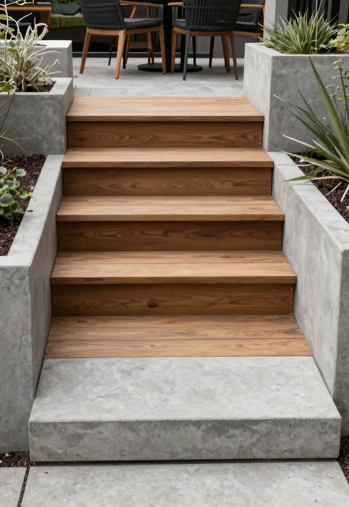 16 Patio Steps Ideas That Elevate Your Outdoor Design - 10. Concrete and Wood Combination 1