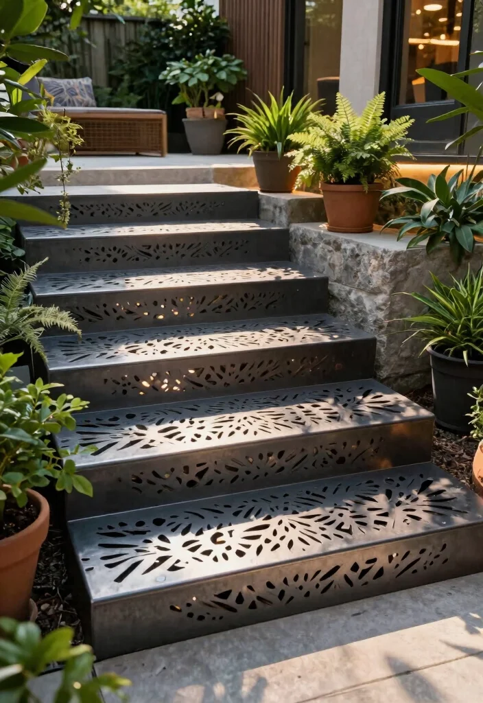 16 Patio Steps Ideas That Elevate Your Outdoor Design - 15. Artistic Metal Steps 1