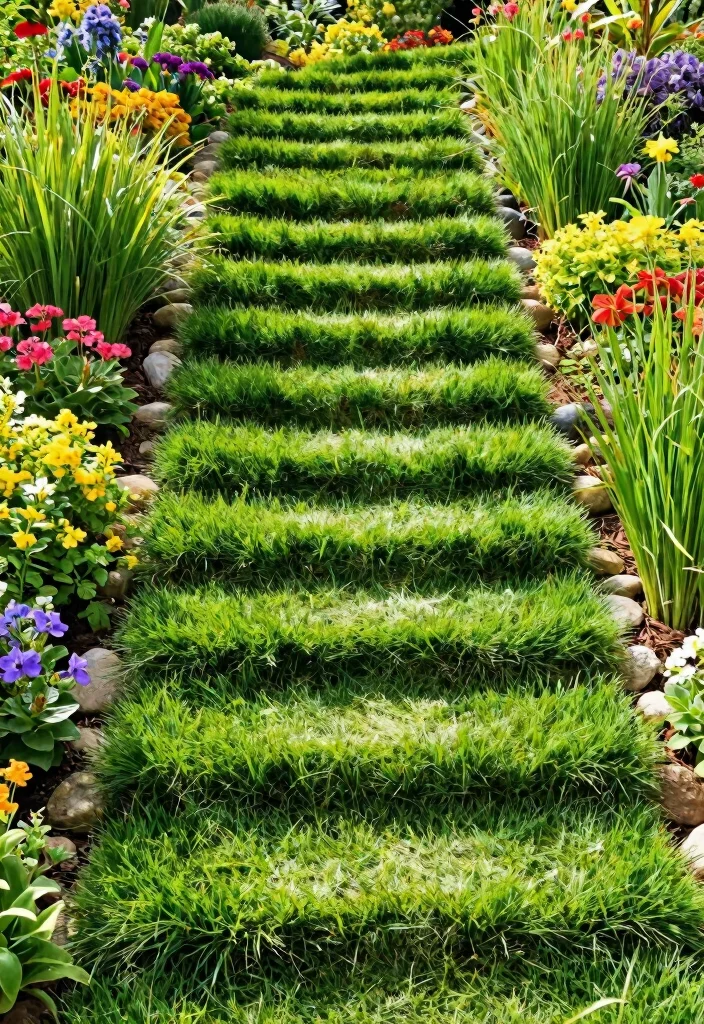16 Patio Steps Ideas That Elevate Your Outdoor Design - 6. Grass-Covered Steps 1