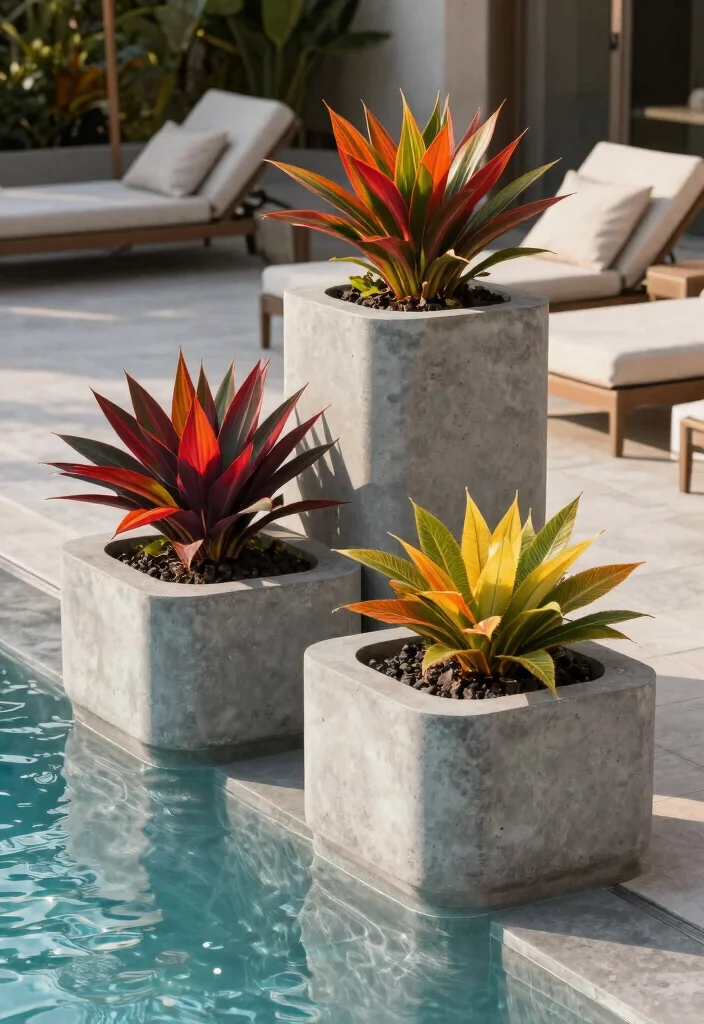 16 Poolside Planter Ideas That Add Lush Vibes - 10. Minimalist Concrete Planters 1