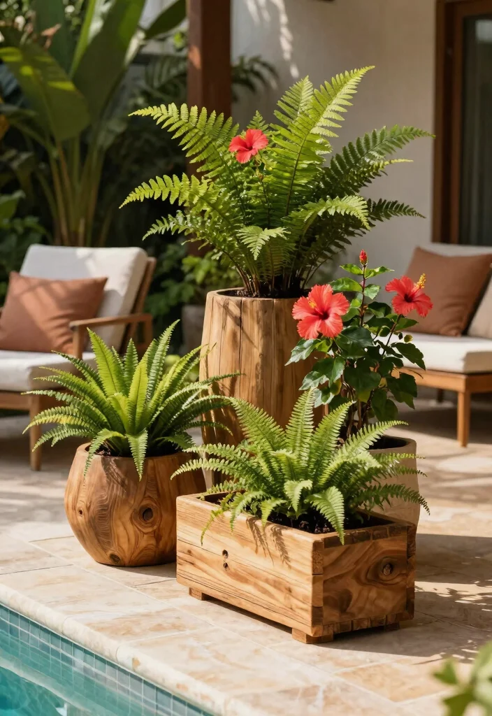 16 Poolside Planter Ideas That Add Lush Vibes - 2. Rustic Wooden Planters 1