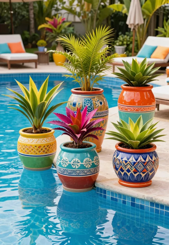 16 Poolside Planter Ideas That Add Lush Vibes - 7. Colorful Ceramic Planters 1