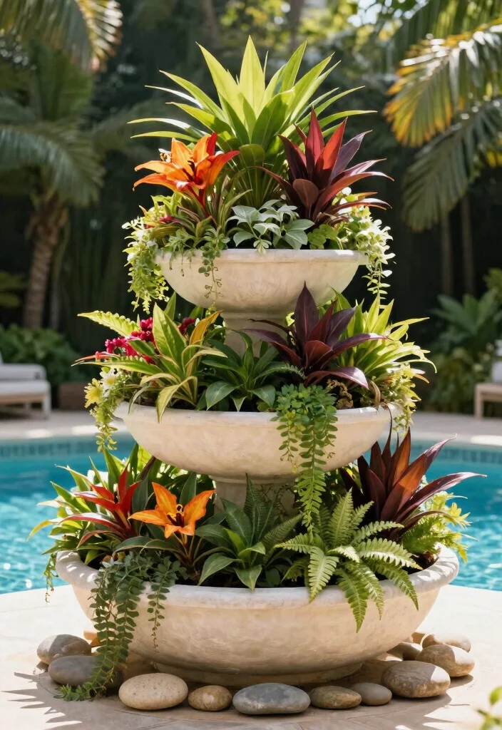 16 Poolside Planter Ideas That Add Lush Vibes - 8. Tiered Planters 1
