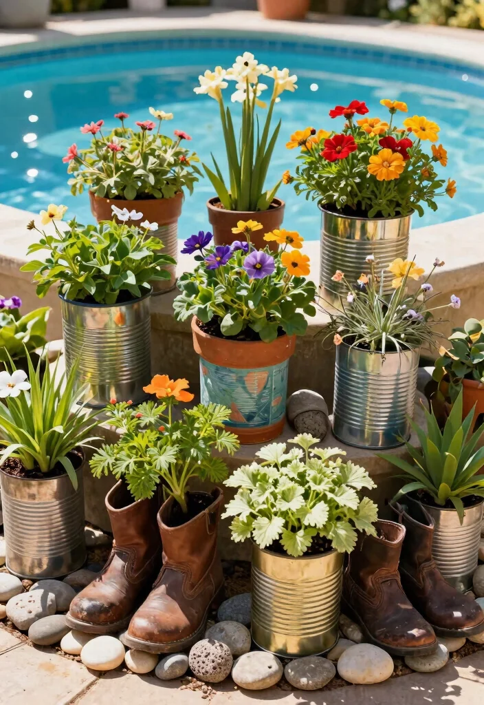 16 Poolside Planter Ideas That Add Lush Vibes - 9. Upcycled Planters 1