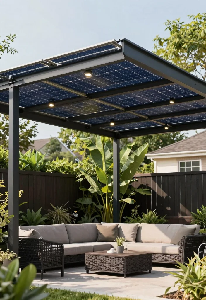 17 Backyard Covered Patio Ideas for Stylish Shade - 12. Solar-Powered Canopy 1