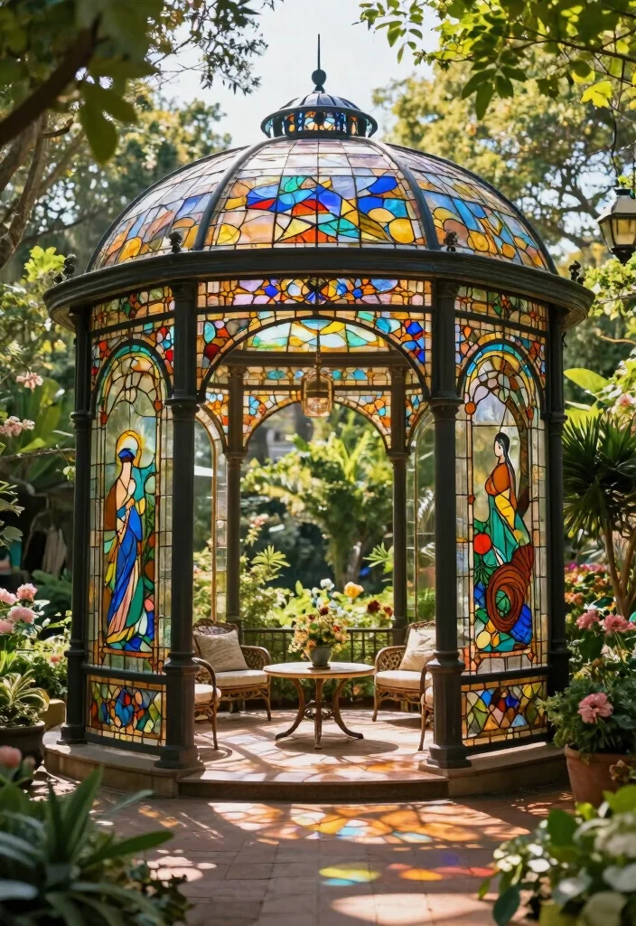 17 Backyard Covered Patio Ideas for Stylish Shade - 15. Artistic Stained Glass Pavilion 1