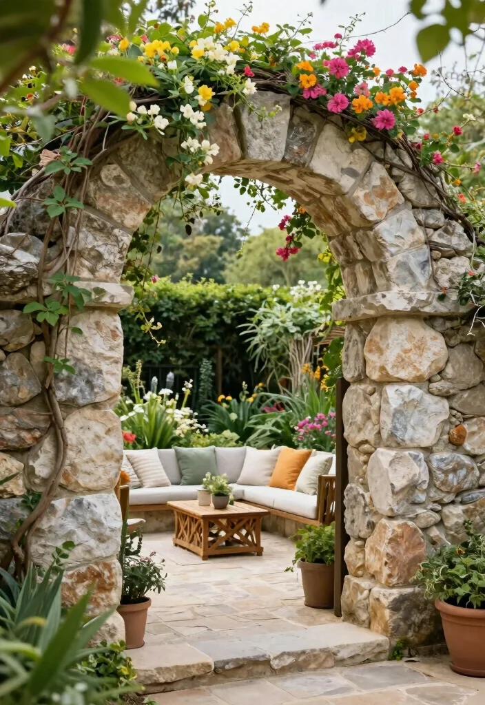 17 Backyard Covered Patio Ideas for Stylish Shade - 16. Natural Stone Archway 1