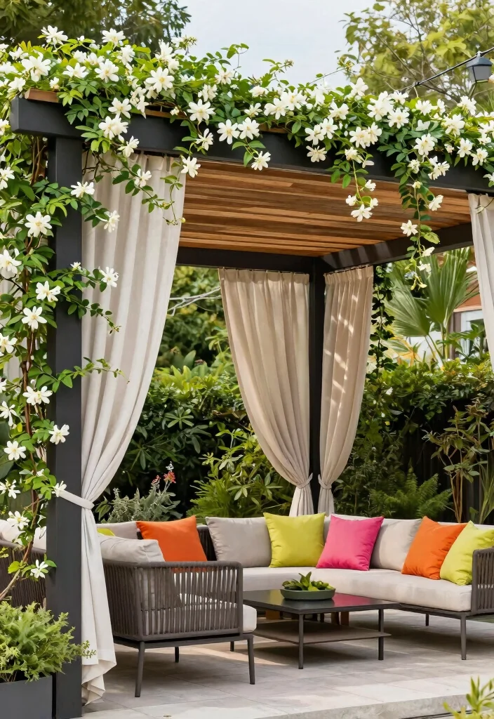 17 Backyard Covered Patio Ideas for Stylish Shade - 2. Modern Pergola with Climbing Plants 1