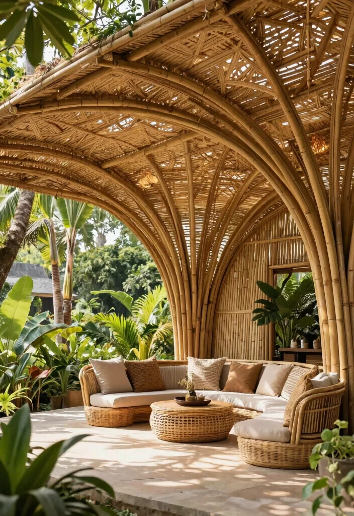 17 Backyard Covered Patio Ideas for Stylish Shade - 4. Eco-Friendly Bamboo Structure 1