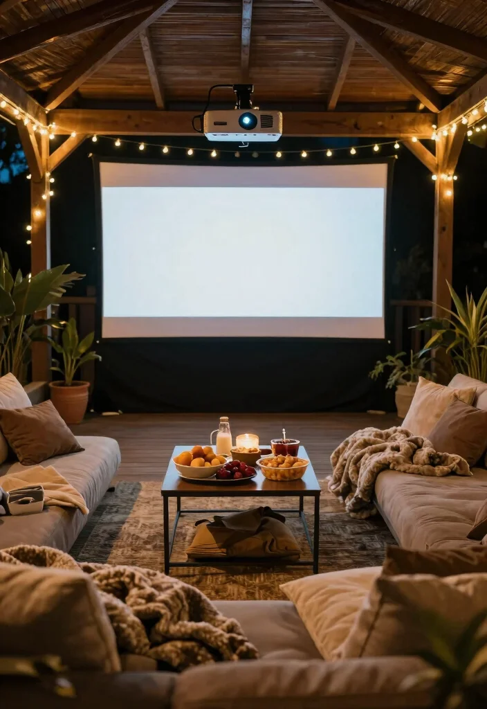 17 Enclosed Pergola Ideas for Year Round Comfort 56 17 Enclosed Pergola Ideas for Year Round Comfort - 16. Cozy Movie Night Setup 1