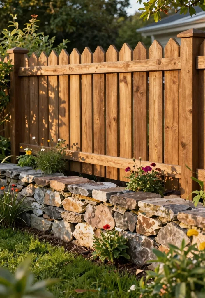 17 Fence Landscaping Ideas That Soften & Style Your Yard - 14. Incorporating Stone with Fences 1