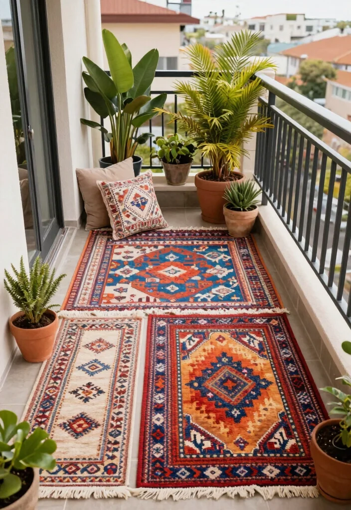 17 Ideas for Small Balcony Spaces That Feel Bigger - 5. Layered Rugs 1
