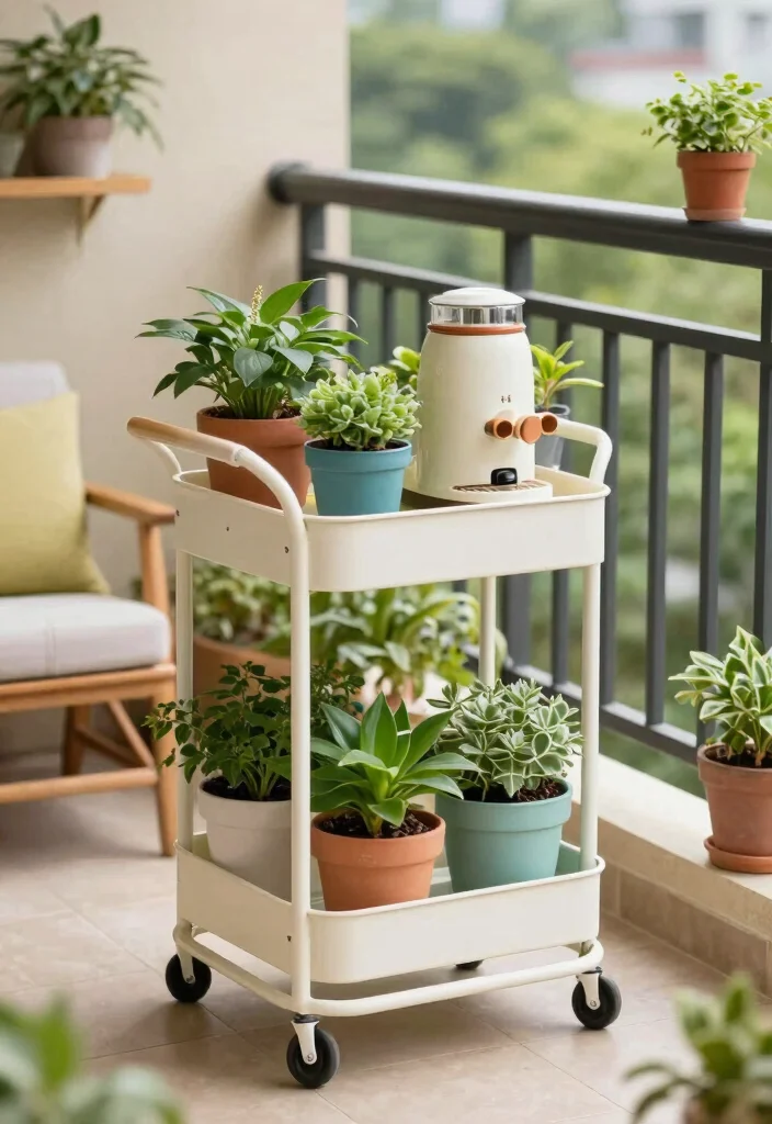 17 Ideas for Small Balcony Spaces That Feel Bigger 29 17 Ideas for Small Balcony Spaces That Feel Bigger - 9. Movable Garden Cart 1