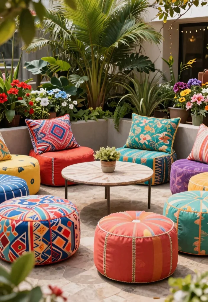 17 Outdoor Seating Ideas for Stylish Relaxing Spaces - 16. Colorful Outdoor Poufs 1