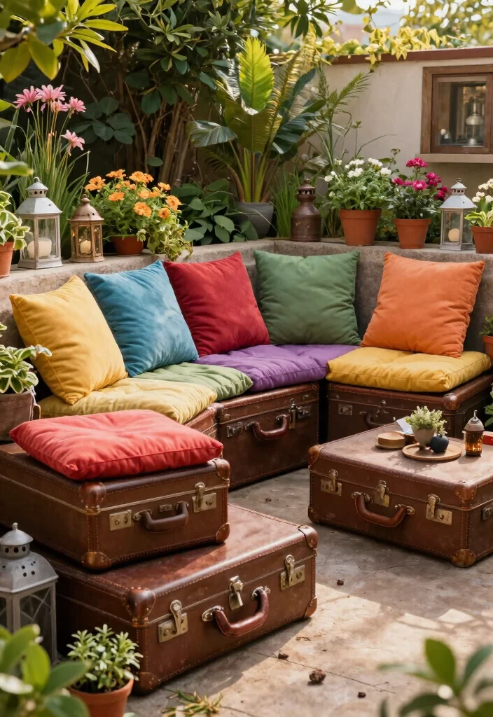 17 Outdoor Seating Ideas for Stylish Relaxing Spaces - 3. Vintage Suitcase Seating 1