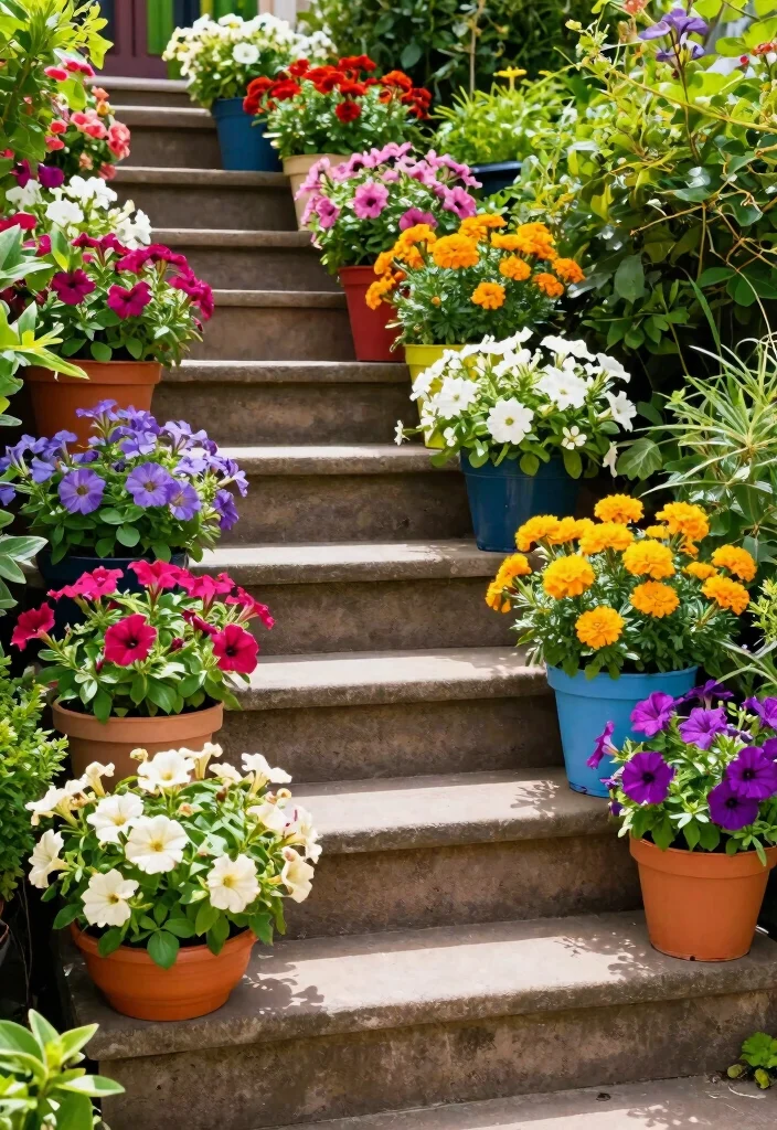 18 Container Flower Garden Ideas That Bloom Beautifully 54 18 Container Flower Garden Ideas That Bloom Beautifully - 14. Colorful Garden Steps 1