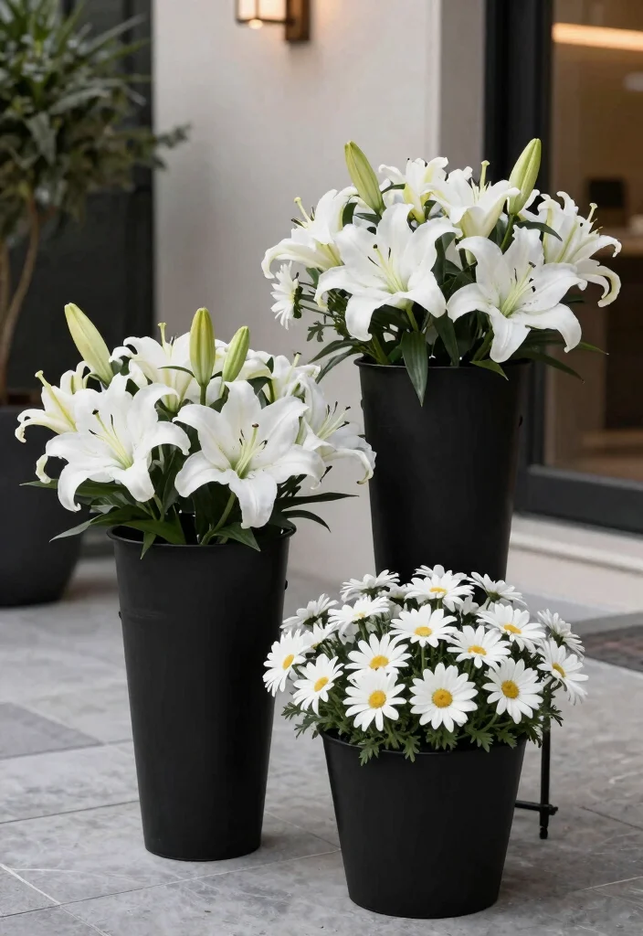 18 Container Flower Garden Ideas That Bloom Beautifully 68 18 Container Flower Garden Ideas That Bloom Beautifully - 18. Minimalist Black and White 1