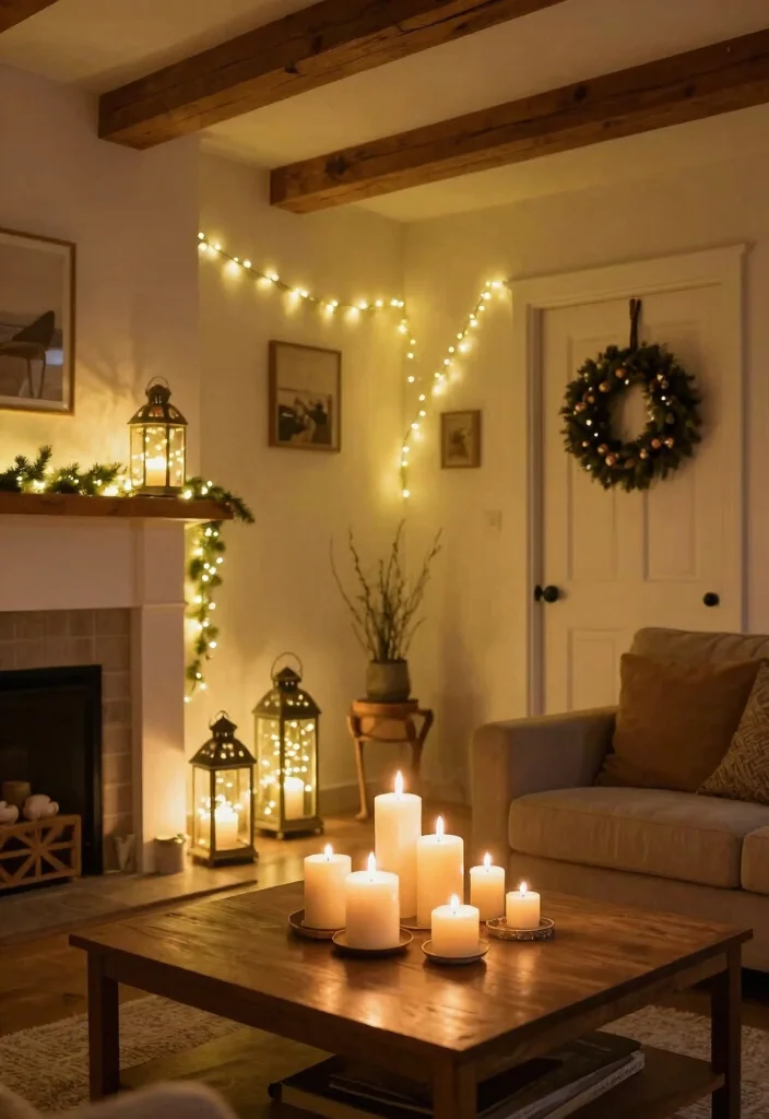 18 Farmhouse Christmas Decor Ideas That Feel Magical - 8. Warm Lights and Candles for Ambiance 1